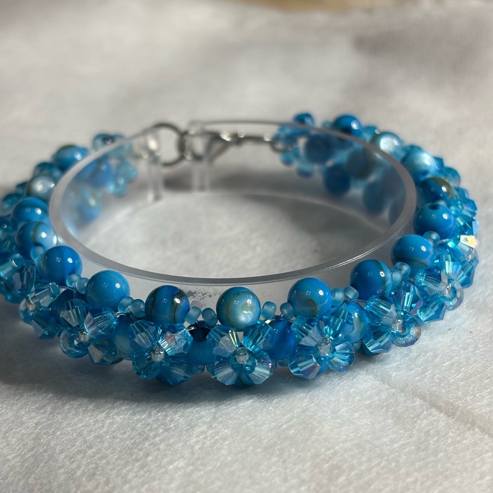 Handmade Blue Natural Shell and Czech Bicone Beaded Bracelet  7.5 inches